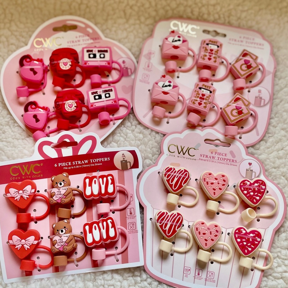 Cook With Color 24pc Valentines Day Straw Toppers Silicone Heart Bear 10mm Caps